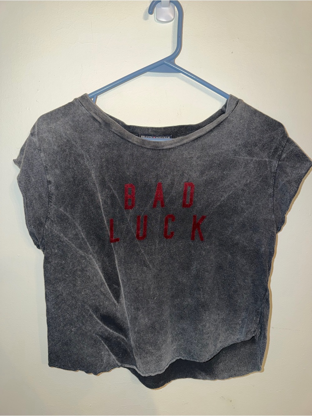 Brandy Melville Washed Black 'BAD LUCK' Crop Tee with Red Graphic